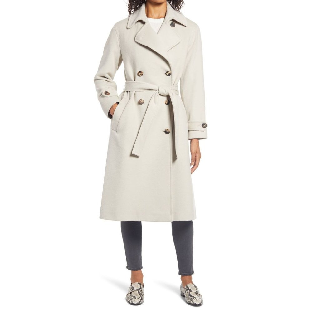 Fleurette Wool Double Breasted Trench Coat in Natural 10 Women's Long Jacket